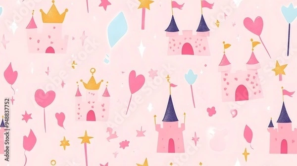 Fototapeta Tiling pattern of princess castles, crowns, and magical wands on a soft pink background, enchanting a
