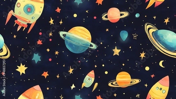 Fototapeta tiling wallpaper featuring space exploration th. Tiling wallpaper featuring space exploration themes with aliens, UFOs, and stars in a fun, imaginativ