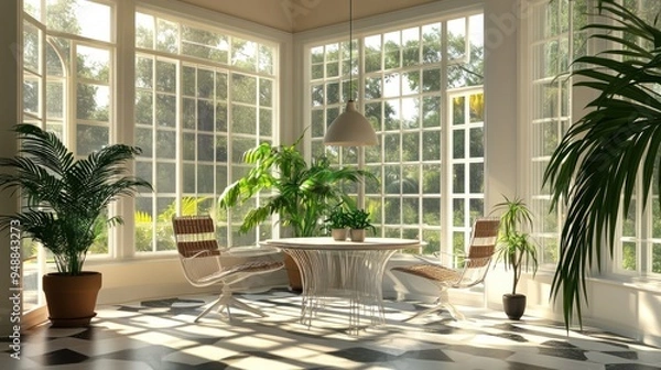 Fototapeta Modern sunroom with glass windows and a white table.