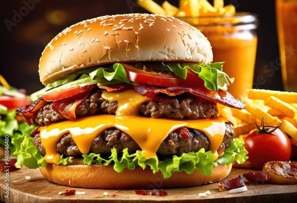 Fototapeta close view towering burger surrounded golden crunchy fries showcasing mouthwatering ingredients textures, food, vibrant, meal, snack, delicious, gourmet