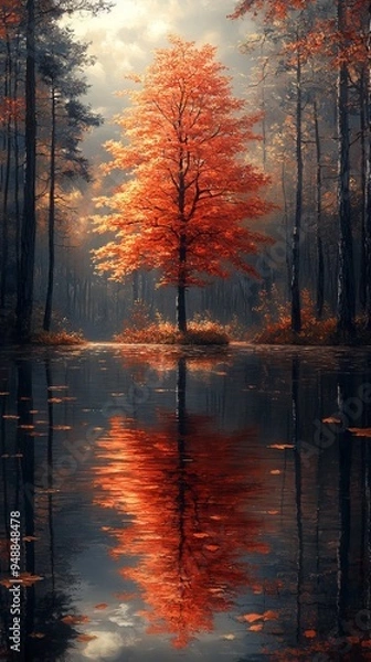 Obraz Single vibrant red tree stands out among muted forest, its reflection beautifully mirrored in the calm water below