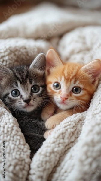 Obraz Two adorable kittens, one gray and one orange, are snuggled together in a soft, cozy, beige blanket