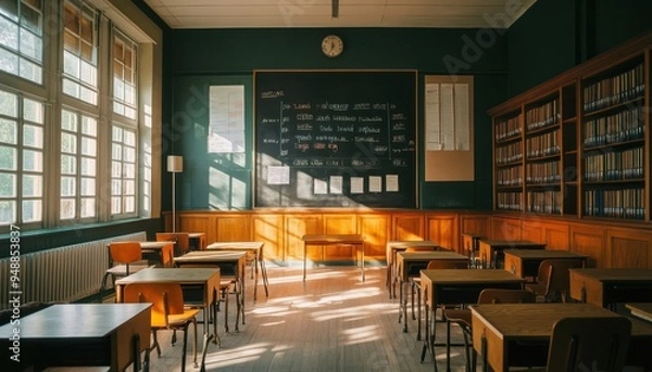 Fototapeta Bright Beginnings: Empty Classroom Setting with Neatly Arranged Desks, Sunlit Interiors, and First Day Schedule on Blackboard