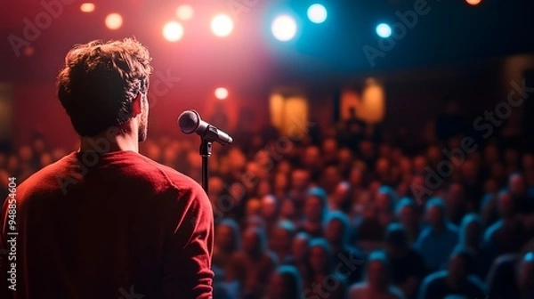 Fototapeta A comedian on stage delivering a punchline, with a microphone in hand and a captivated audience in the background