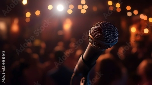 Fototapeta A comedian on stage delivering a punchline, with a microphone in hand and a captivated audience in the background