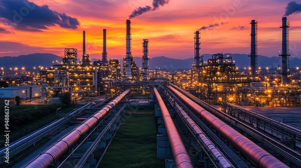 Fototapeta industrial pipelines and racks transporting petrochemical products. The intricate system symbolizes energy distribution, efficiency, and industrial progress