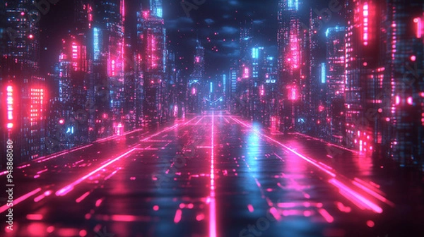 Obraz cityscape at night, featuring glowing neon lights, towering skyscrapers, and futuristic architecture. The scene captures an urban landscape with a dynamic, tech-inspired atmosphere