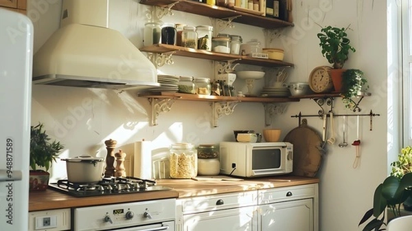 Fototapeta Describe the cozy charm of a kitchen with vintage appliances and open shelving 