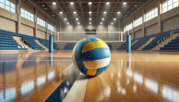 Fototapeta A realistic and detailed image of a blue and yellow volleyball placed in the center of an indoor volleyball court.
