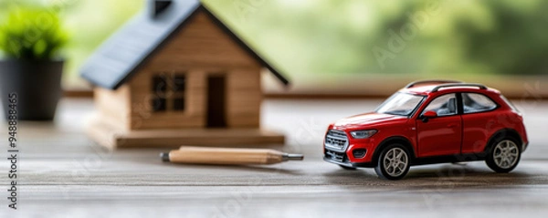 Fototapeta Red model car and wooden house on a table representing property ownership, car financing, or insurance concepts.