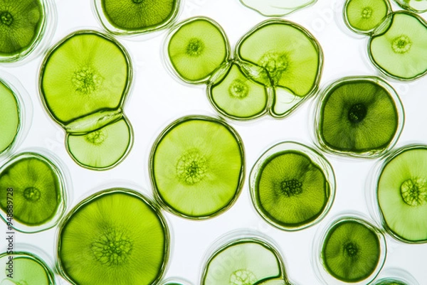 Fototapeta Green pigment under microscope in lab . Heap of chlorella or spirulina algae cells, chlorophyll or matcha, on light background. Superfood concept powder. 