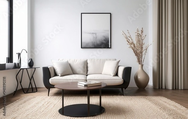 Fototapeta Modern Living Room with Cozy White Sofa, Abstract Wall Art, and Subtle Neutral Decor Accents for a Serene Ambiance