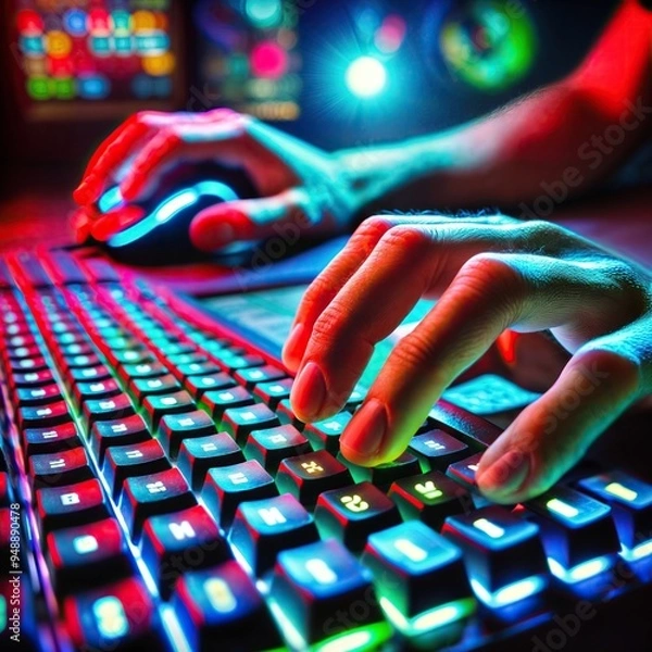 Fototapeta Hands typing on colorful backlit mechanical keyboard in dark, high-tech gaming environment