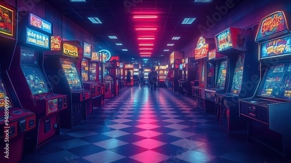 Fototapeta Retro arcade with rows of vintage gaming machines in a neon-lit room with checkerboard floor
