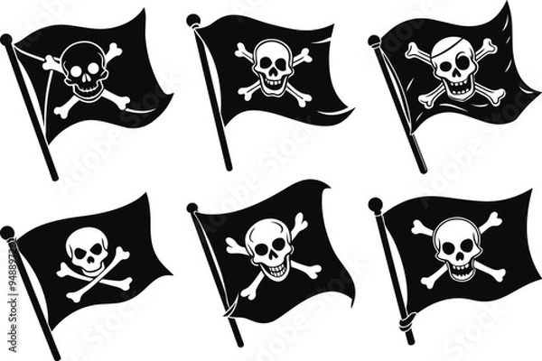 Fototapeta set of pirate flag with a skull and crossbow vector silhouette