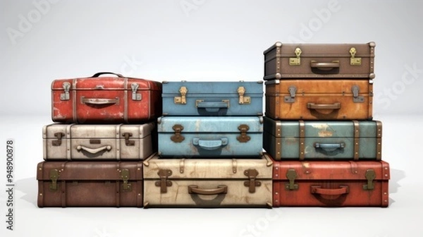 Fototapeta Few vintage ancient retro suitcases isolated on white background. Concept of travel luggage. Neural network ai generated art