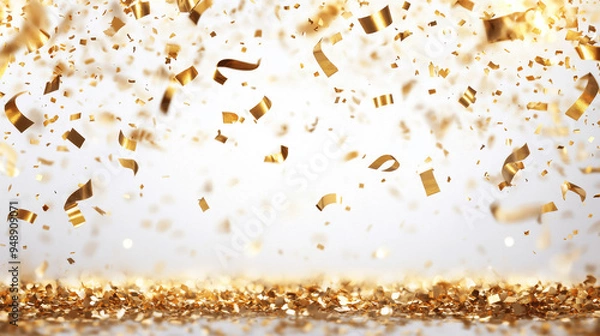Fototapeta Golden confetti falls gracefully to the ground during a festive celebration, creating a vibrant atmosphere of joy and excitement