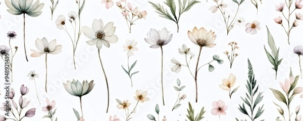 Fototapeta A variety of delicate floral illustrations showcasing different types of flowers in soft pastel colors on a white background