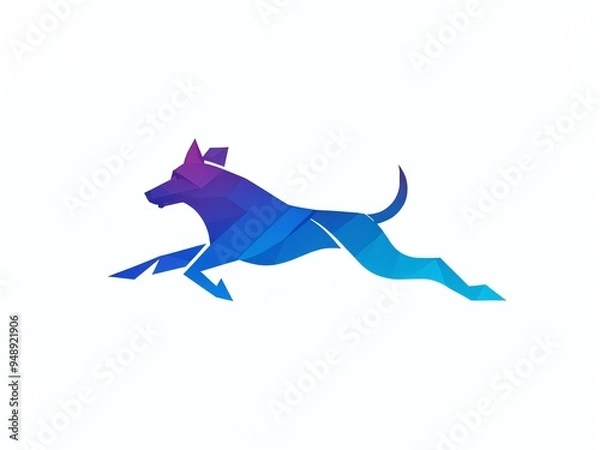 Fototapeta A vibrant geometric dog leaps gracefully against a clean background, showcasing dynamic movement and playful energy in a bold design