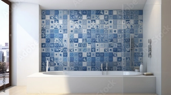 Fototapeta The bathroom showcases a stylish design with a striking blue tiled wall behind a spacious freestanding bathtub, enhanced by large windows allowing sunlight to illuminate the space.