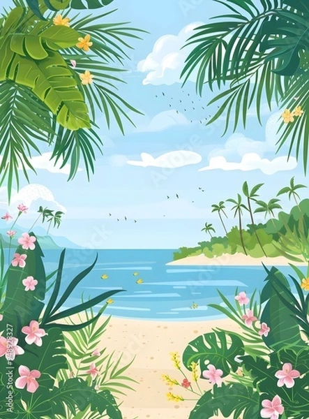 Fototapeta Tropical Beach with Palm Trees and Flowers Illustration