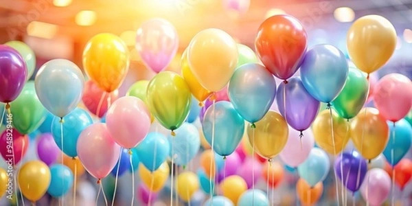 Obraz A vibrant set of realistic mat helium balloons adorns a blurred colorful backdrop, perfect for birthday celebrations,