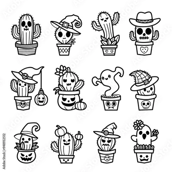 Fototapeta Collection of playful Halloween themed cactus doodles in pots, spooky cacti plant character doodles, black and white line art style, vector illustration.