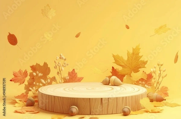 Fototapeta Round Wooden Podium with Autumn Leaves and Acorns on Beige Background
