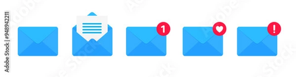 Fototapeta Blue mail envelope icon set with new message marker. Email letter notification with mark. Vector illustration