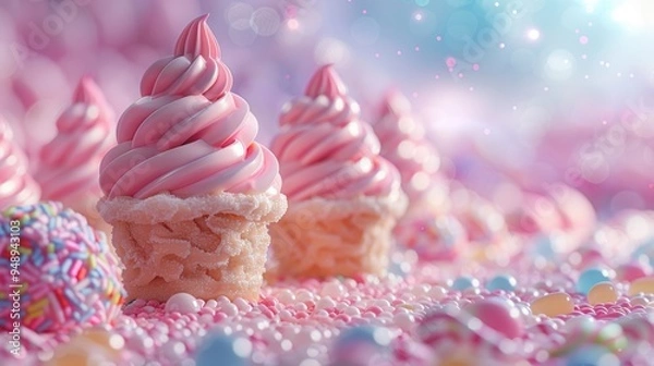 Fototapeta Whimsical Sweetland, a vibrant dreamscape filled with swirling ice cream mountains, candy forests, and a kaleidoscope of colors, inviting exploration in a magical realm.