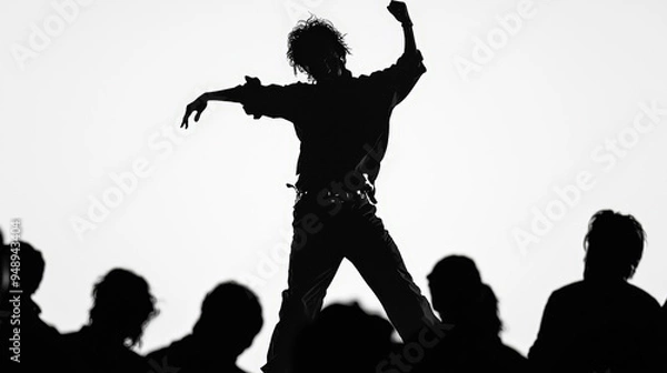 Fototapeta A striking black silhouette captures a street dancer mid-performance, frozen in a dynamic pose. Generative AI