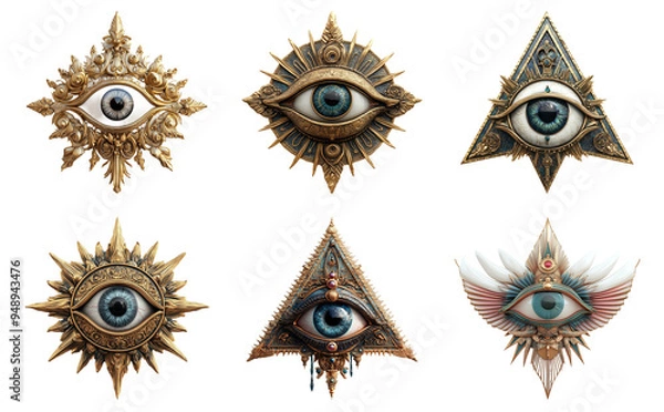 Fototapeta Collection of mystical eyes with decorative elements isolated on transparent background