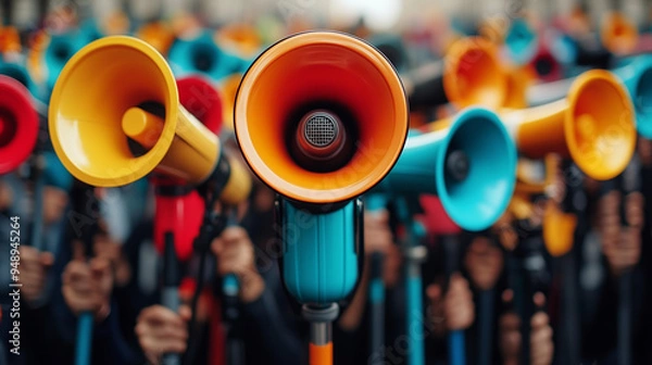Obraz Public Voice: A crowd of people with microphones and megaphones symbolizing the voice of the public.