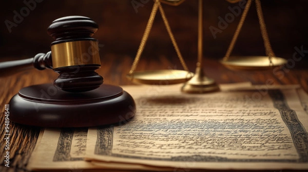 Obraz Rule of Law: A gavel and scales of justice in front of a constitution, symbolizing fairness.