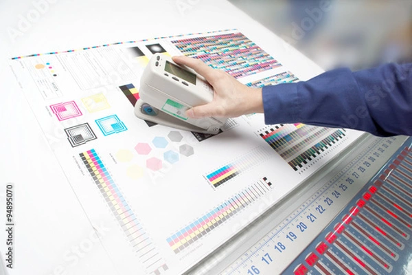 Fototapeta オフセット印刷色見台で測色する作業者の手