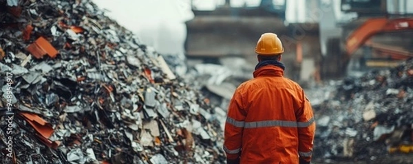 Fototapeta Industrial worker in an orange jacket and hardhat stands near a large pile of scrap metal at a recycling plant, emphasizing sustainable practices in manufacturing
