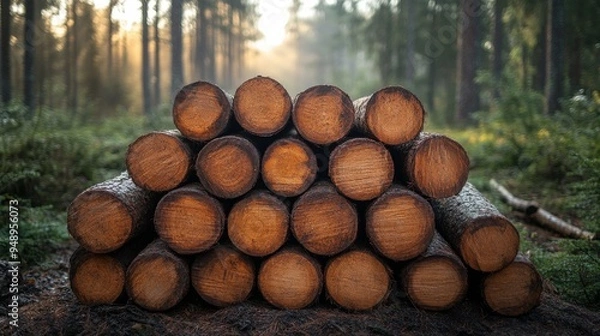 Obraz Morning sunlight filters through trees onto a neat stack of thick logs in a forest clearing, highlighting the natural beauty of the woodpile and showcasing sustainable forestry practices