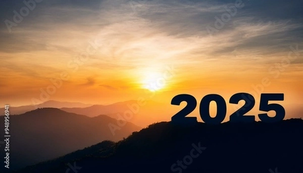 Obraz Silhouette of number 2025 on mountain, Happy New Year celebration shiny design. Mountain Top and Beginning of New Year 2025. black silhouette of mountains and 2025 year, in morning during sunrise
