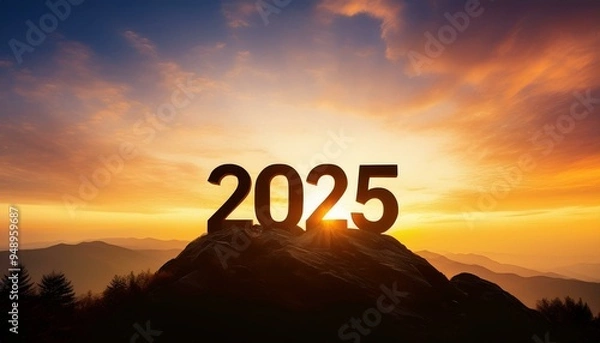 Obraz Silhouette of number 2025 on mountain, Happy New Year celebration shiny design. Mountain Top and Beginning of New Year 2025. black silhouette of mountains and 2025 year, in morning during sunrise