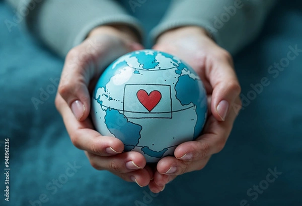 Obraz A pair of hands gently holding a globe with a heart symbol in the center, all illustrated in soft blue and white tones. 5th September International Day of Charity. 