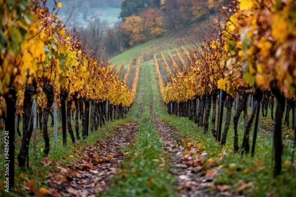 Fototapeta Vinyards: Organic Wine Farming in Weinsberg, Germany. Vineyards with Wine Barrels in Autumn