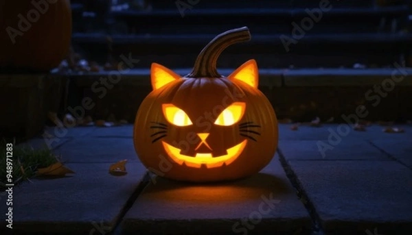 Fototapeta Glowing Cat Face Jack-O'-Lantern with Sharp Eyes - Halloween Pumpkin Carving at Night