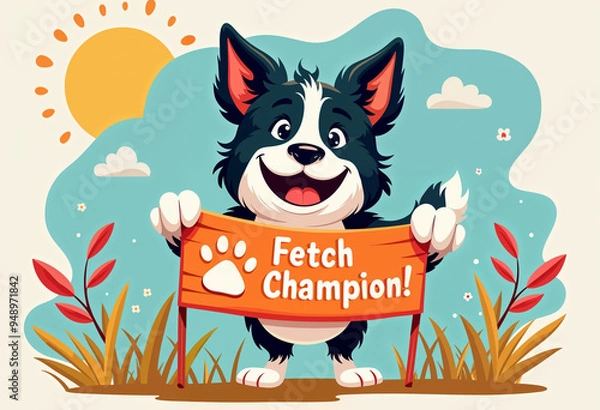 Obraz An energetic Border Collie holding a banner that says 'Fetch Champion!' with a paw print design on the banner.