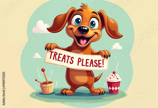 Obraz A mischievous Dachshund standing on its hind legs, holding a banner that says 'Treats Please!' with a hopeful look.
