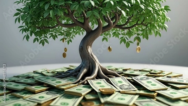 Fototapeta A tree with gold coins hanging from its branches stands on a pile of dollar bills.