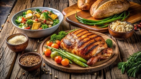 Fototapeta A warm and inviting dinner scene featuring a nutritious meal of grilled chicken, steamed vegetables, and whole grain bread on a rustic wooden table.