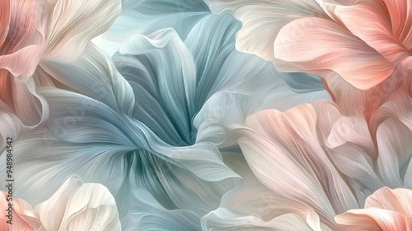 Fototapeta   A zoomed-in image of several flowers set against a white and blue backdrop, featuring a prominent pink and white blossom at its center