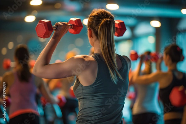 Fototapeta Ftness instructor leading a heart-healthy exercise class in a gym, participants holding small red dumbbells