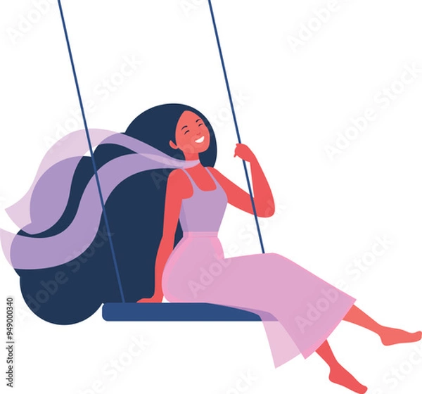 Fototapeta Happy woman enjoys swing while floating in the sky. Concept of mental and physical health, happiness. Vector illustration in flat style
