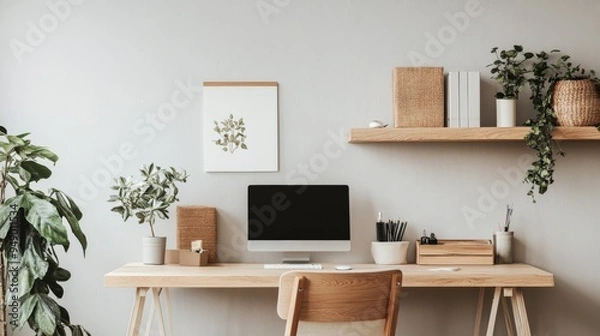 Fototapeta Stylish Minimalist Home Office Setup with Clean Lines and Neutral Colors